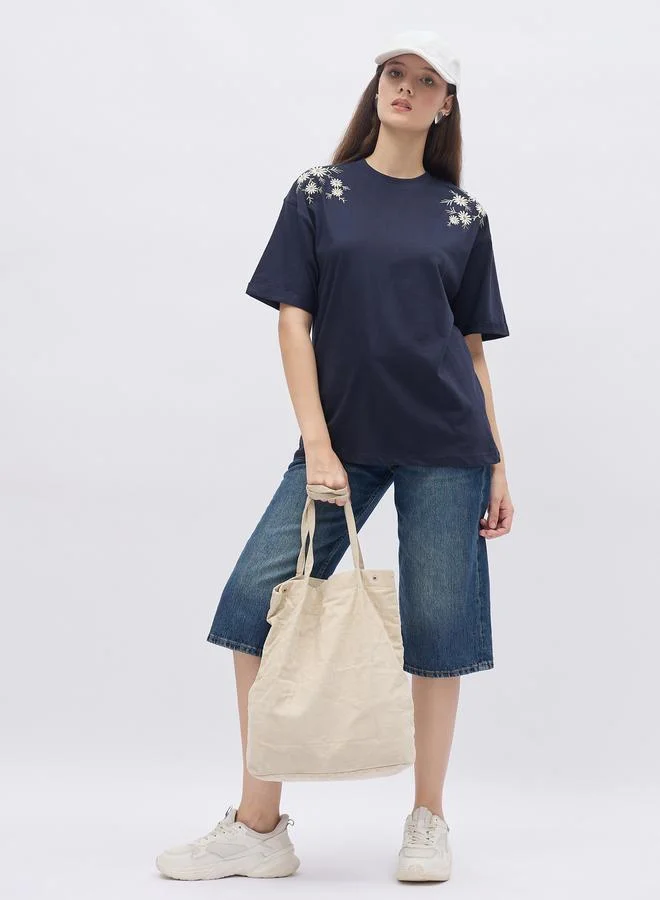 Styli Styli Oversized Placement Embroidery Detail Cotton T-Shirt