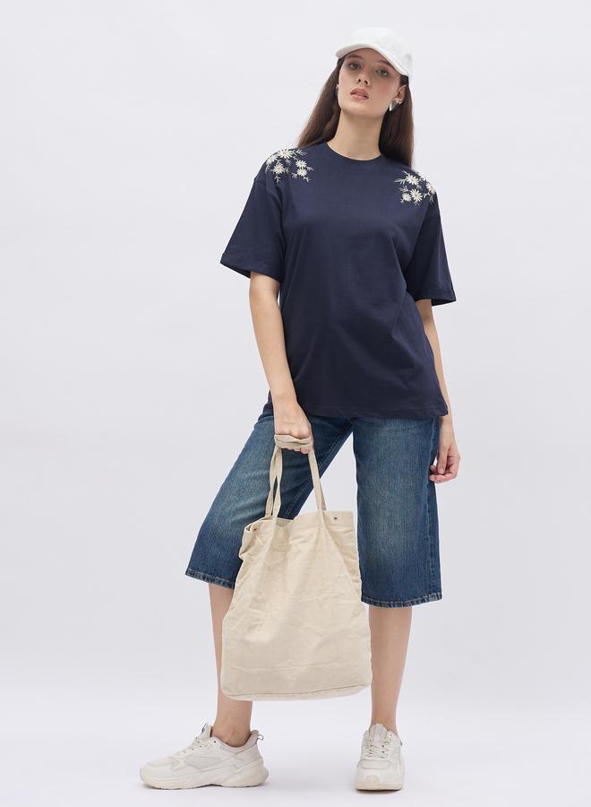 Styli Oversized Placement Embroidery Detail Cotton T-Shirt - Image 1