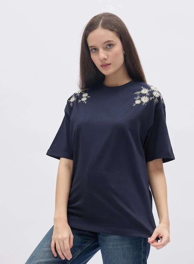 Styli Styli Oversized Placement Embroidery Detail Cotton T-Shirt