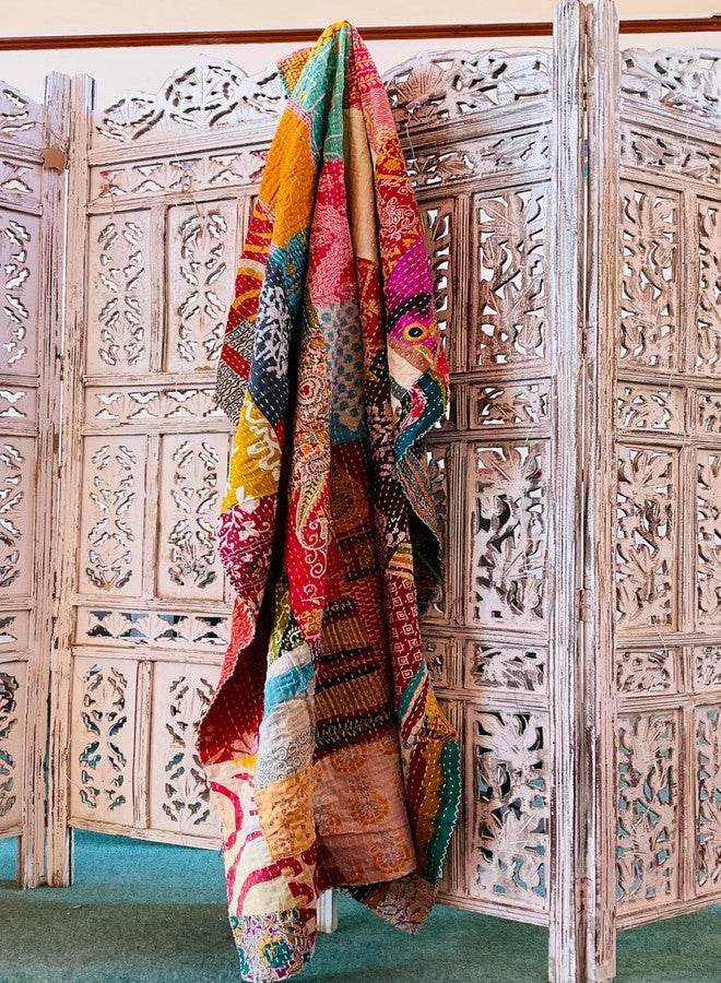 Indian Vintage Patchwork Cotton Kantha Quilt 55X85" Assorted Patches Cotton Kantha Hand Embroidered Bedcover - Set Of 1 - Image 2