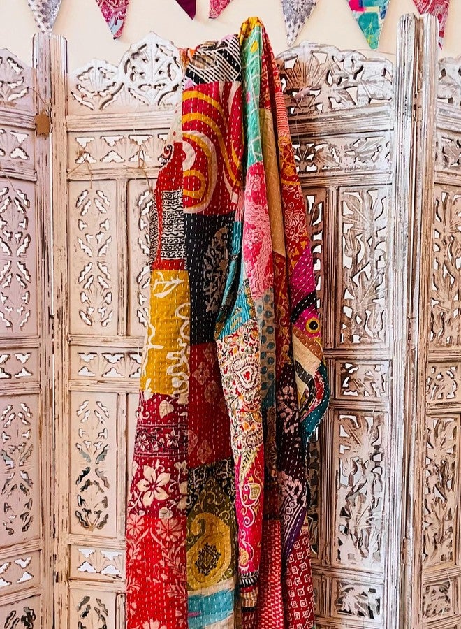 Indian Vintage Patchwork Cotton Kantha Quilt 55X85" Assorted Patches Cotton Kantha Hand Embroidered Bedcover - Set Of 1 - Image 1