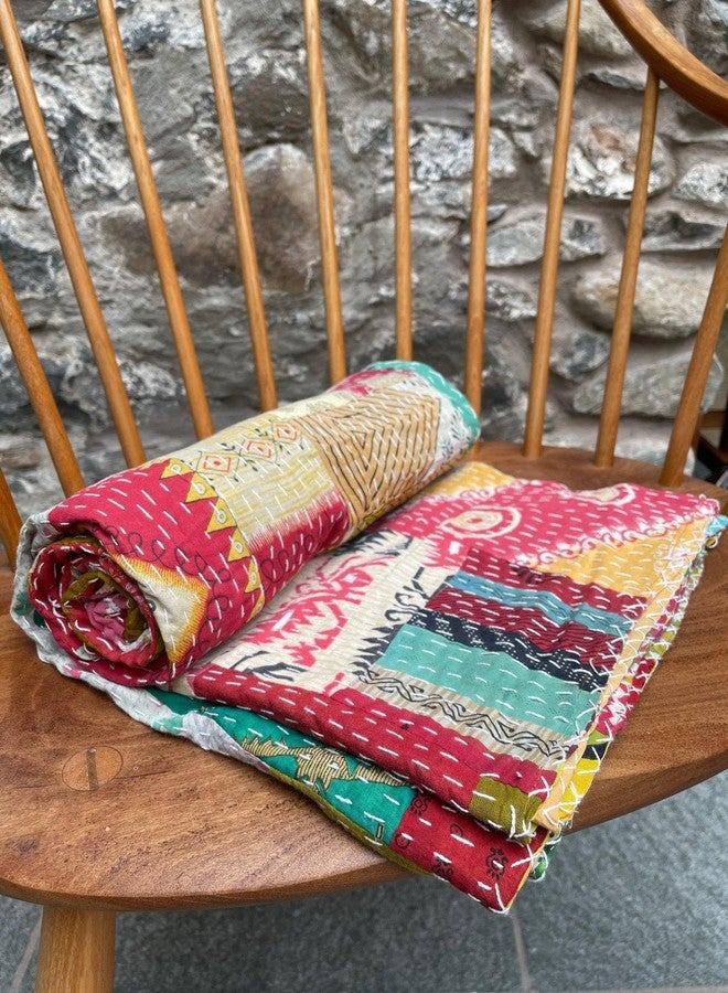Indian Vintage Patchwork Cotton Kantha Quilt 55X85" Assorted Patches Cotton Kantha Hand Embroidered Bedcover - Set Of 1 - Image 4