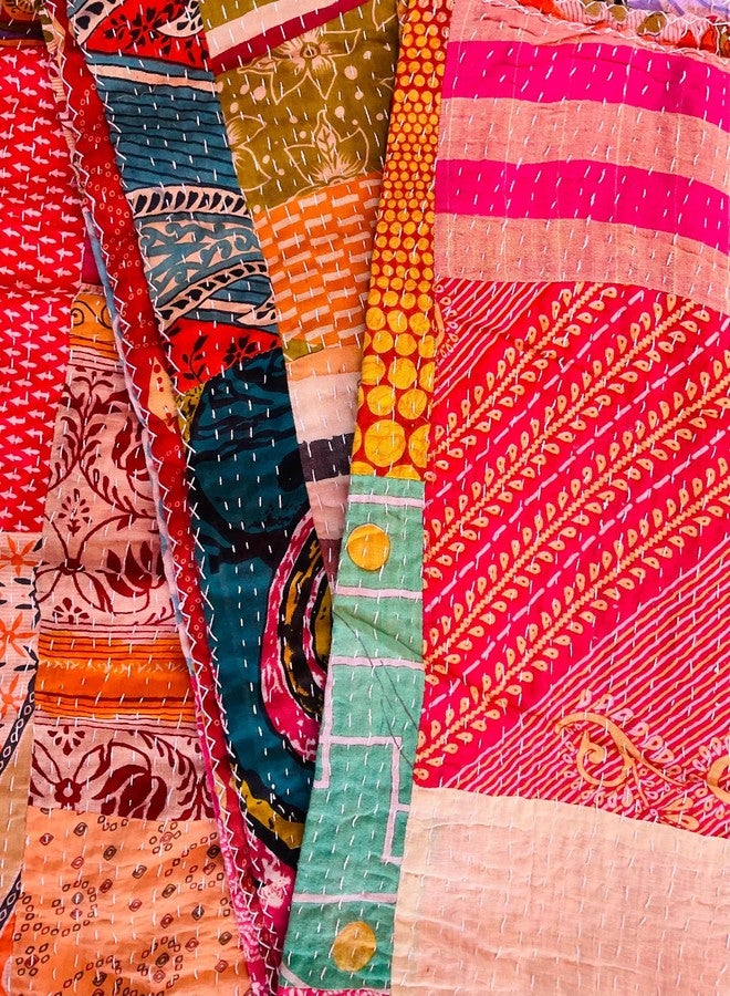 Indian Vintage Patchwork Cotton Kantha Quilt 55X85" Assorted Patches Cotton Kantha Hand Embroidered Bedcover - Set Of 1 - Image 5