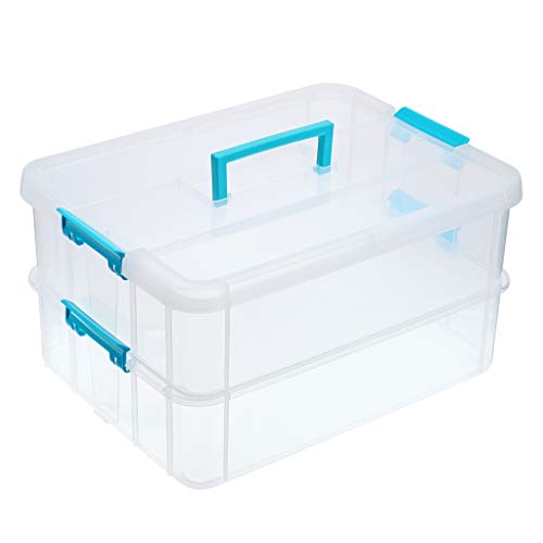 JUXYES 2-Tiers Stack Carry Storage Box With Handle, Transparent Stackable Storage Bin With Handle Lid Latching Storage Container for School & Office Supplies (Blue) - Image 1