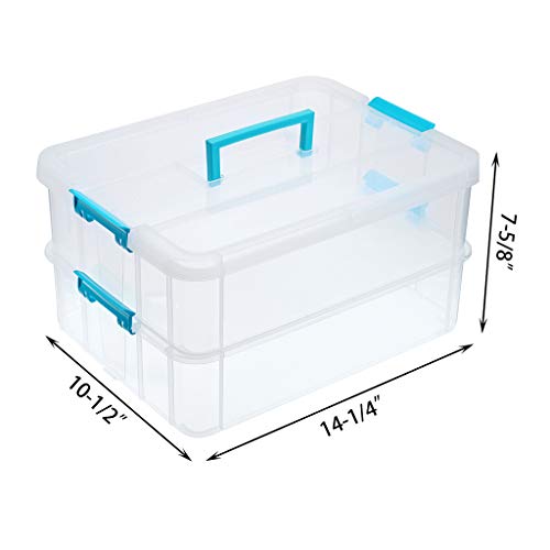 JUXYES 2-Tiers Stack Carry Storage Box With Handle, Transparent Stackable Storage Bin With Handle Lid Latching Storage Container for School & Office Supplies (Blue) - Image 2