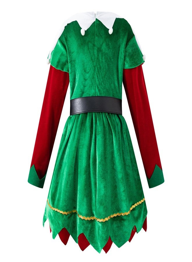 Okbebe Girls Elf Dress Up Kids Christmas Dress Xmas Party Outfit with Hat Socks (Green 7-9Y) - Image 3