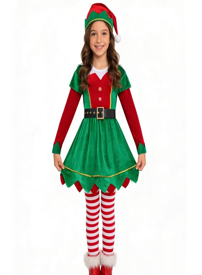 Okbebe Girls Elf Dress Up Kids Christmas Dress Xmas Party Outfit with Hat Socks (Green 7-9Y) - Image 1