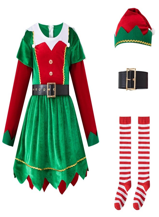 Okbebe Girls Elf Dress Up Kids Christmas Dress Xmas Party Outfit with Hat Socks (Green 7-9Y) - Image 2