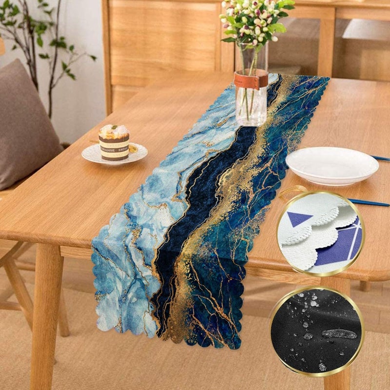 EASETENSIL Designing Decoretive Table Runner Kitchen Dining Table Runner Washable Waterproof Dinner Table Decor Runner Cloth for 4 to 6 Seater for Home Blue itlain 60 inch - Image 1