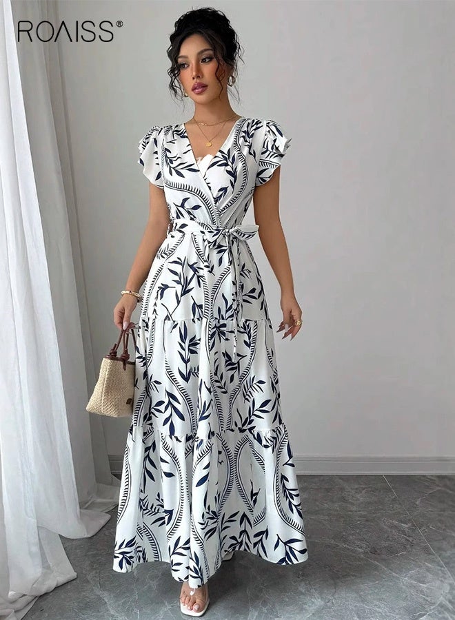roaiss Women Elegant V-Neck Printed Maxi Dress Flowing Chiffon Fabric with Ruffle Details Slim Fit Long White Dress Ladies Breathable Comfortable Waist Dress with Belt Versatile Day to Night - Image 1