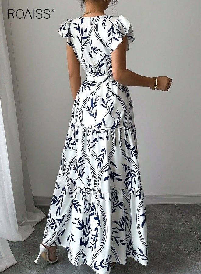 roaiss Women Elegant V-Neck Printed Maxi Dress Flowing Chiffon Fabric with Ruffle Details Slim Fit Long White Dress Ladies Breathable Comfortable Waist Dress with Belt Versatile Day to Night - Image 3