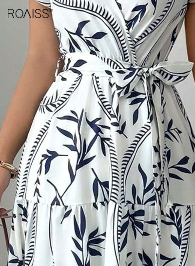 roaiss Women Floral Print Maxi Dress, V‑Neck Ruffle Sleeve Dress with Waist Belt, Tiered Flowy Long Dresses for Ladies, Stylish Chic Frock, Perfect for Daily Wear, Beach, Party and Outdoor Activities - Image 5