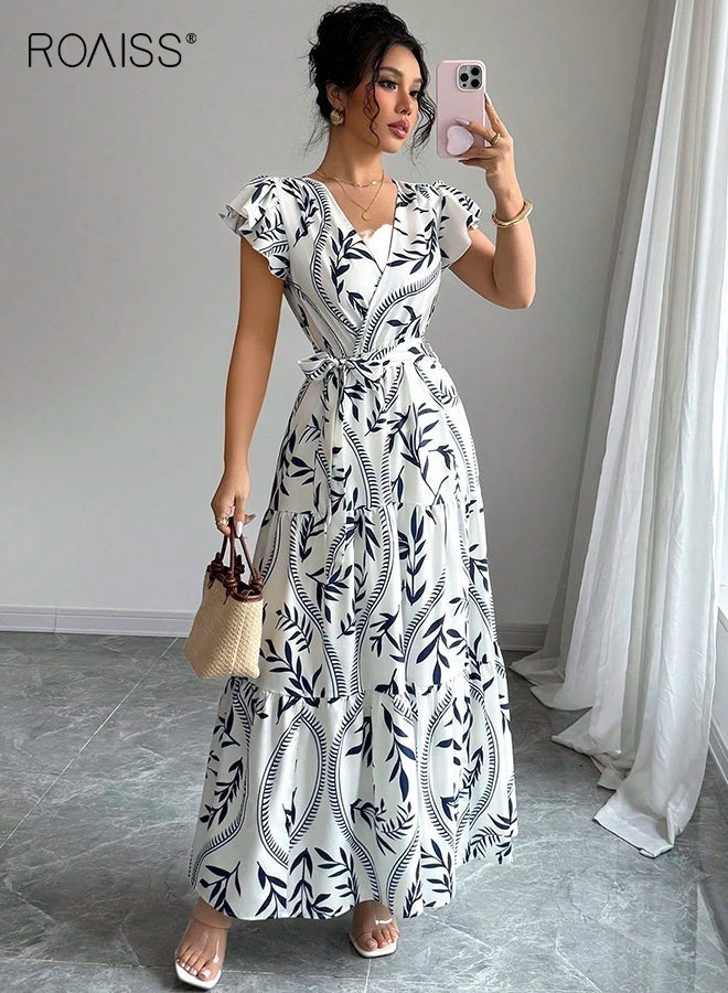 roaiss Women Floral Print Maxi Dress, V‑Neck Ruffle Sleeve Dress with Waist Belt, Tiered Flowy Long Dresses for Ladies, Stylish Chic Frock, Perfect for Daily Wear, Beach, Party and Outdoor Activities - Image 2