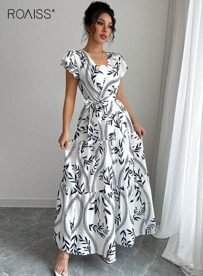 roaiss Women Floral Print Maxi Dress, V‑Neck Ruffle Sleeve Dress with Waist Belt, Tiered Flowy Long Dresses for Ladies, Stylish Chic Frock, Perfect for Daily Wear, Beach, Party and Outdoor Activities - Image 3