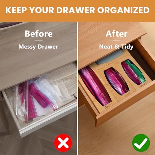 CRAKTH Bamboo Plastic Bag Storage Organizer for Kitchen Drawer, 4 Separate Baggie Organizer, Suitable for Gallon, Quart, Sandwich & Snack Variety Size Bag - Image 2