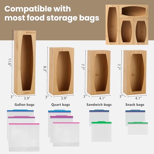 CRAKTH Bamboo Plastic Bag Storage Organizer for Kitchen Drawer, 4 Separate Baggie Organizer, Suitable for Gallon, Quart, Sandwich & Snack Variety Size Bag - Image 5