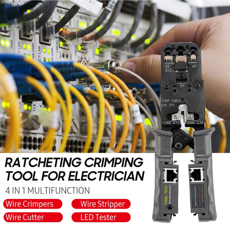 Ratcheting Crimping Tool with LED Tester 4 in 1 Multifunction Wire Crimpers Stripper Cutter Tester, 8P 6P 4P Network Line Telephone Wire Crimping UTP STP Cable Stripping Electrician Hand Tool - Image 4