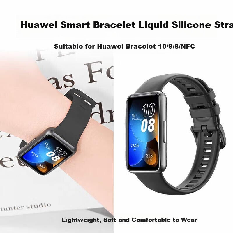 Smorss Compatible with Huawei Band 8/9/10 Strap, for 8/9/10 NFC Version Silicone Wristband, Standard Version, Breathable, Waterproof, Dirt-Resistant, Smart Sports Original Band, Black - Image 1