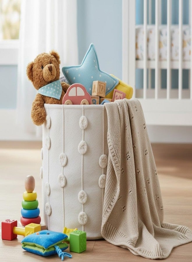 MakeMake Organics Storage Bins for Kids Nursery Bin Organizer (13"x12") Laundry Basket for Closet, Decorative Floor Storage Basket Canvas Fabric Storage Basket (Pompom - Oat) - Image 5
