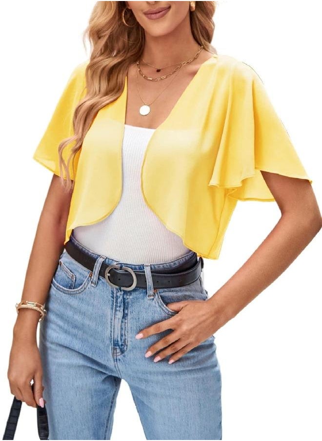 Kate Kasin - Kate Kasin Sheer Bolero Shrugs for Dresses Lightweight Chiffon Shrug Cropped Short Ruffle Sleeves Yellow S - Image 1
