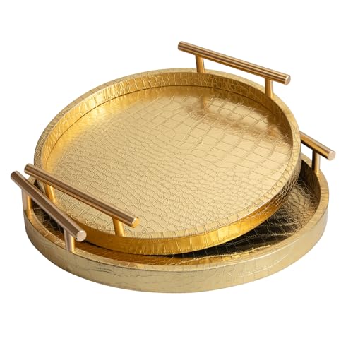 JUMBO HUMBLE Modern Decorative Tray Set of 2, Wooden Round Crocodile Leather Tray with Polished Metal Handles, Decorative Serving Trays Coffee Table Trays Ottoman Platter for Home Decor (Golden) - Image 1