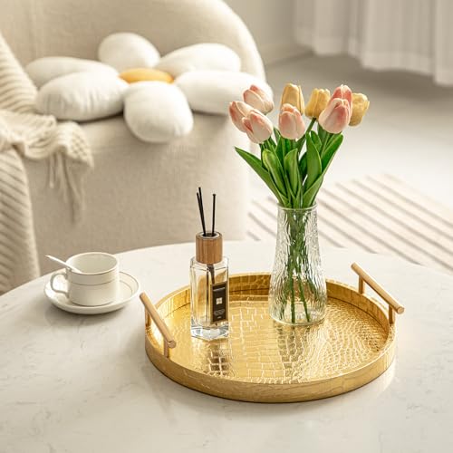 JUMBO HUMBLE Modern Decorative Tray Set of 2, Wooden Round Crocodile Leather Tray with Polished Metal Handles, Decorative Serving Trays Coffee Table Trays Ottoman Platter for Home Decor (Golden) - Image 5
