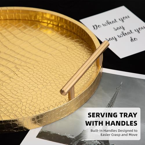 JUMBO HUMBLE Modern Decorative Tray Set of 2, Wooden Round Crocodile Leather Tray with Polished Metal Handles, Decorative Serving Trays Coffee Table Trays Ottoman Platter for Home Decor (Golden) - Image 4