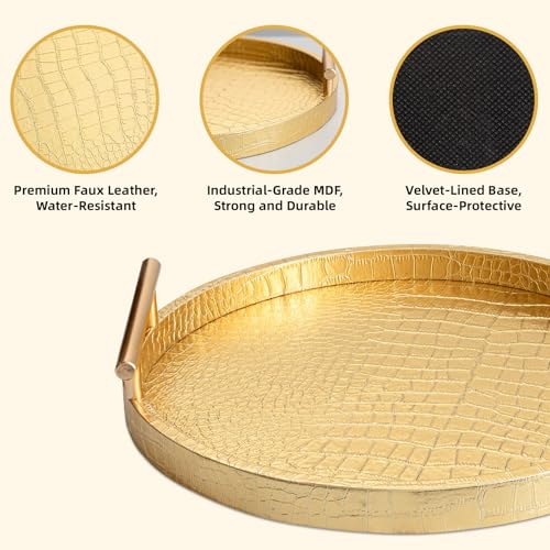 JUMBO HUMBLE Modern Decorative Tray Set of 2, Wooden Round Crocodile Leather Tray with Polished Metal Handles, Decorative Serving Trays Coffee Table Trays Ottoman Platter for Home Decor (Golden) - Image 3