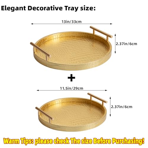 JUMBO HUMBLE Modern Decorative Tray Set of 2, Wooden Round Crocodile Leather Tray with Polished Metal Handles, Decorative Serving Trays Coffee Table Trays Ottoman Platter for Home Decor (Golden) - Image 2