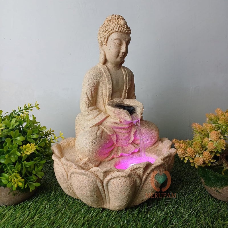 MERUPAM Merupam Buddha Waterfall Water Fountain with Multicolor LED Light Indoor Water Fountain for Home Decor Decoration Showpiece MVAR Yellow Buddha Jr  - Image 2