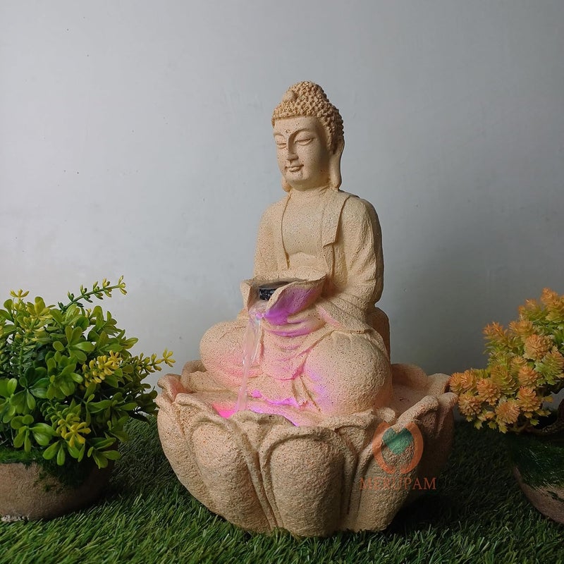 MERUPAM Merupam Buddha Waterfall Water Fountain with Multicolor LED Light Indoor Water Fountain for Home Decor Decoration Showpiece MVAR Yellow Buddha Jr  - Image 3