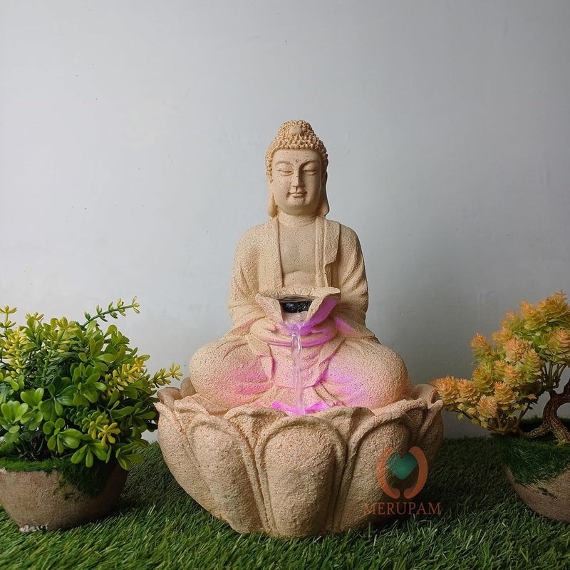 MERUPAM Merupam Buddha Waterfall Water Fountain with Multicolor LED Light Indoor Water Fountain for Home Decor Decoration Showpiece MVAR Yellow Buddha Jr  - Image 1