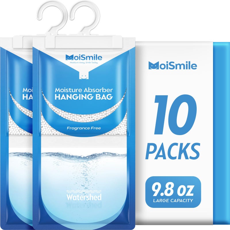Moismile Moisture Absorbers 10 Pack Fragrance Free, Hanging Closet Dehumidifier Bags, Humidity Absorber, Compact Eliminates Odors Humidity Packs for Car, Bathroom, Bedroom, Basement, 9.8OZ - Image 1
