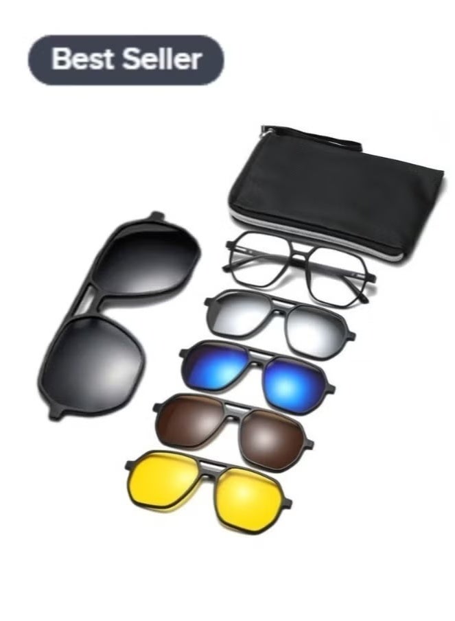 Generic Polarized Sunglasses Men's Magnetic Sleeve Mirror Sunscreen Fashion Sunglasses Women's Premium Sense Double Bridge Glasses Frame UV Protection 1 Frame Glasses + 5 Clip Sunglasses Storage Bag  - Image 1