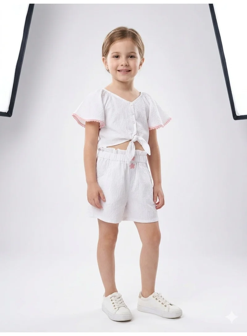 Saka Designs Girls White Self Design V-Neck Top With Shorts