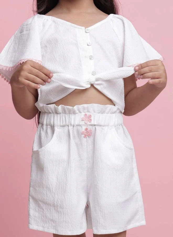 Saka Designs Girls White Self Design V-Neck Top With Shorts