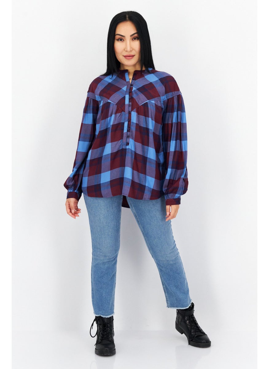 s.Oliver Women Crew Neck Long Sleeve Plaid Top, Maroon Combo  - Image 2