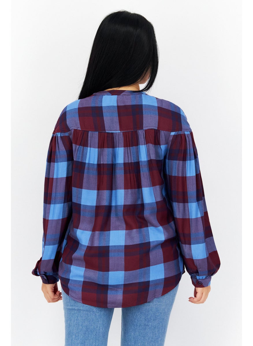 s.Oliver Women Crew Neck Long Sleeve Plaid Top, Maroon Combo  - Image 4