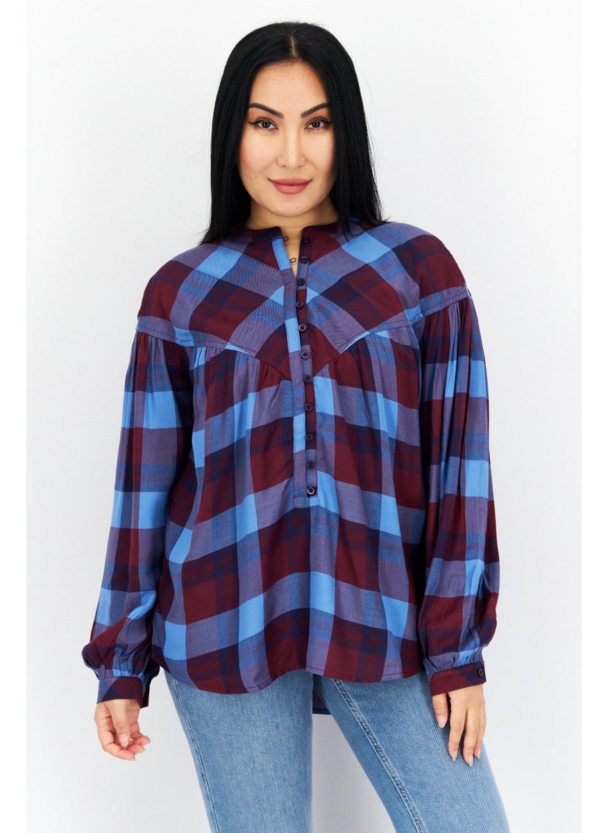s.Oliver Women Crew Neck Long Sleeve Plaid Top, Maroon Combo  - Image 1