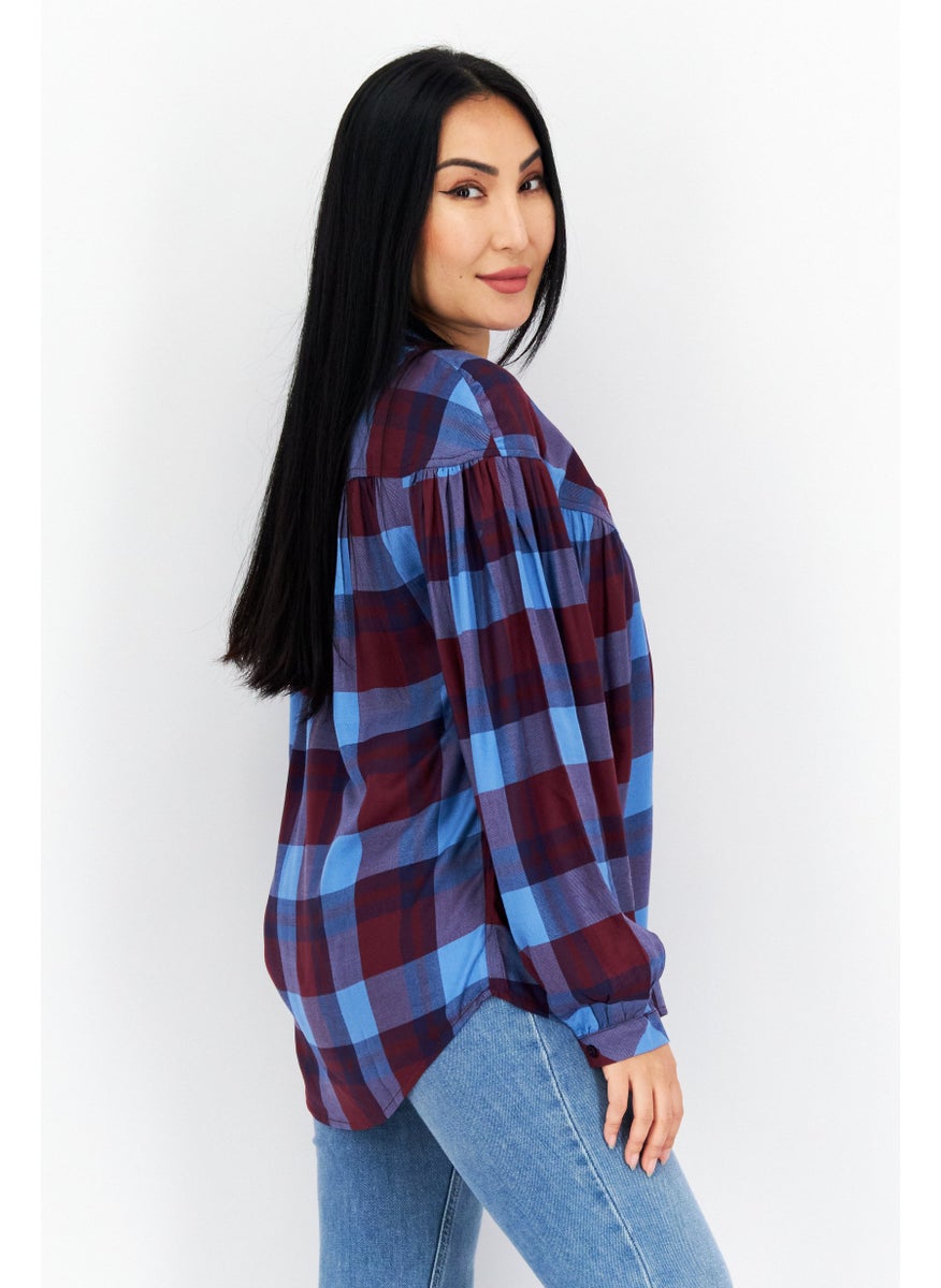 s.Oliver Women Crew Neck Long Sleeve Plaid Top, Maroon Combo  - Image 3