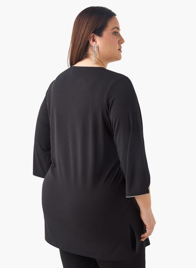  أولا بوبكن بلوزة مقاس كبير مزينة بياقة مستديرة وأكمام ثلاثة أرباع من أولا بوبكن - Image 3