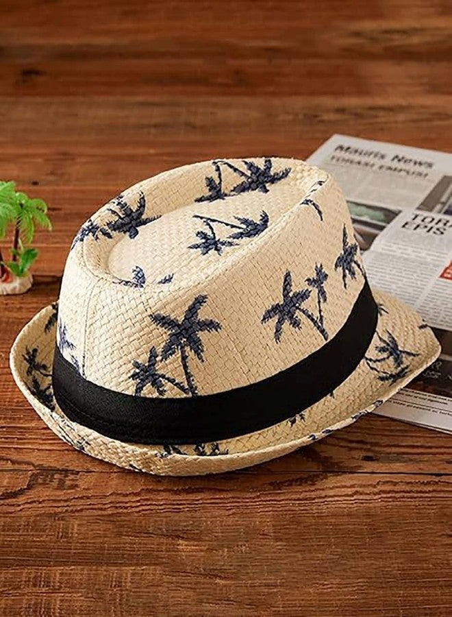 INFISPACE Boy's Printed Fedora Straw hat | Summer Sun Protection Cowboy Trilby Hat (in, Age, 2 Years, 5 Years, Beige) - Image 2