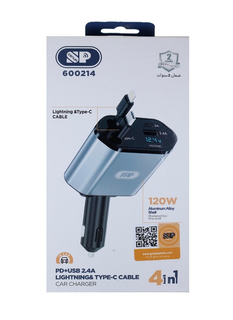 iSNUP 4-in-1 Retractable Car Charger with USB&Type-C&Lightning-Digital Display Cigarette Lighter Car Charger Adapter Supports PD Fast Charging/QC3.0/FCP-Compatible with iPhone,Huawei,Honor,Galaxy,Pixel  - Image 3