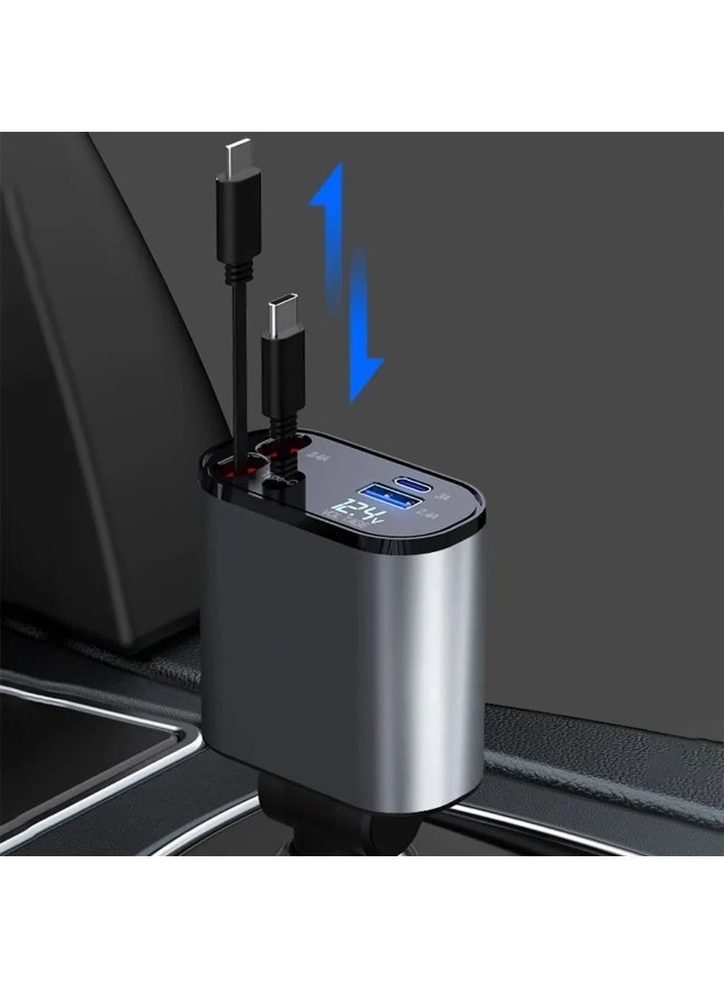 سناب شاحن سيارة سريع 120 واط بكابلات قابلة للسحب لايتنينغ وتايب سي – 4 منافذ USB/Type-C مع شاشة رقمية ودعم الشحن السريع - Image 1