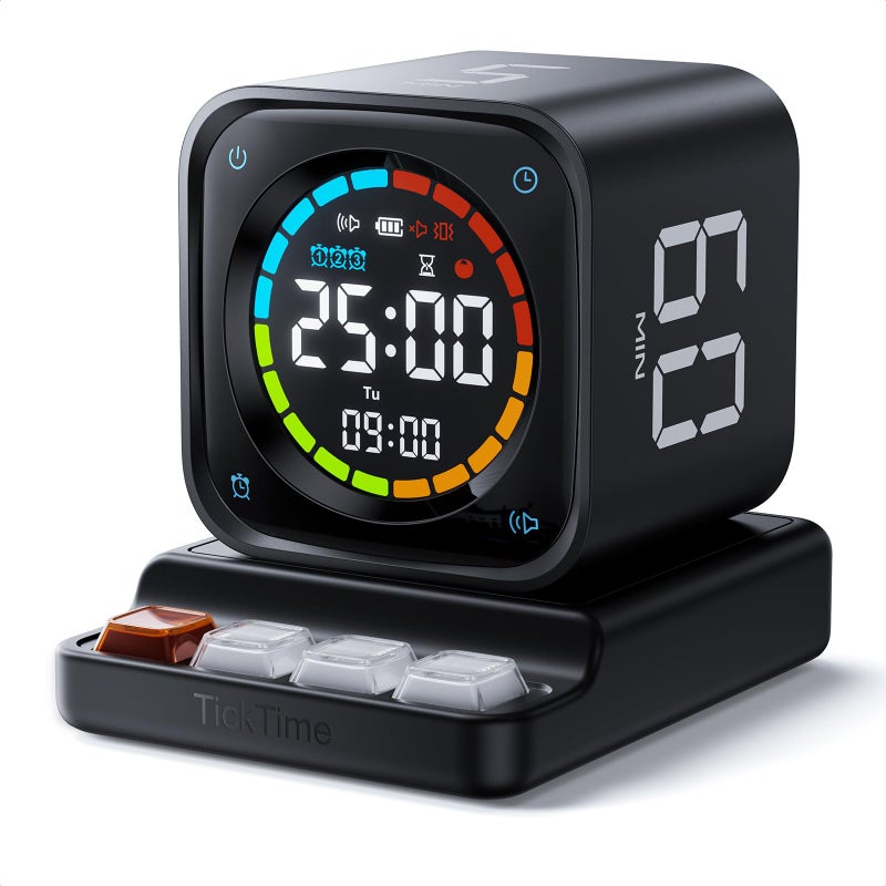 Ticktime مؤقت بومودورو TK3، مؤقت إنتاجية مكتبي مع إعدادات مسبقة 5/10/30/60 دقيقة، عد تنازلي مخصص، ساعة توقيت، ساعة، 3 منبهات، صامت، اهتزاز ووضع صوت، للمهام، ADHD، الدراسة، المطبخ (أسود أوبسيديان) - Image 1