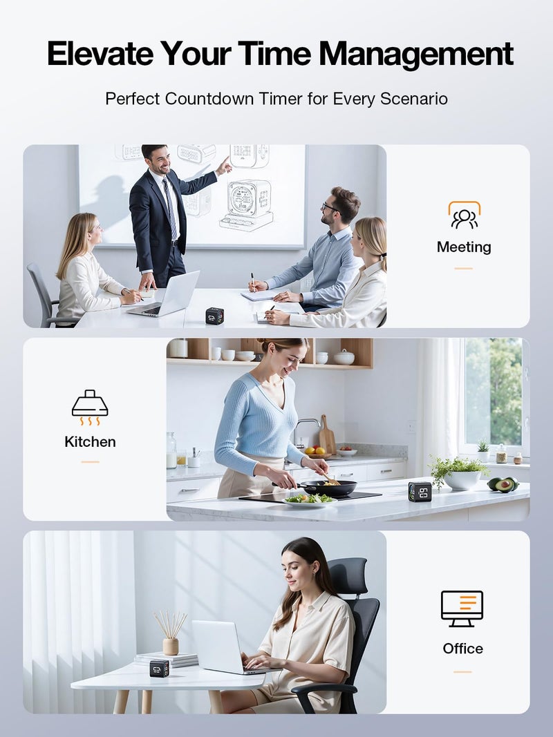 Ticktime مؤقت بومودورو TK3، مؤقت إنتاجية مكتبي مع إعدادات مسبقة 5/10/30/60 دقيقة، عد تنازلي مخصص، ساعة توقيت، ساعة، 3 منبهات، صامت، اهتزاز ووضع صوت، للمهام، ADHD، الدراسة، المطبخ (أسود أوبسيديان) - Image 4