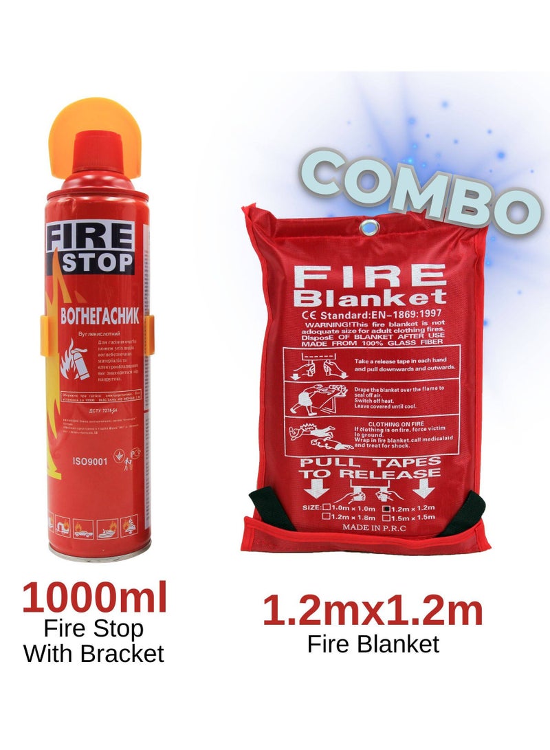 FIRE STOP Fire Extinguisher Foam Spray 1000ml With Fire Blanket 1.2m x 1.2m Set