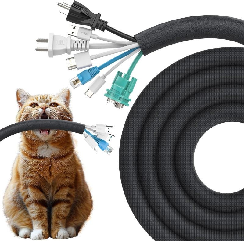 Chew-Proof Cord Protector 30mm 10ft Black Flexible Split-Open Sleeve - Pet-Safe Cable Management for Home Office Pet Owners - Image 1