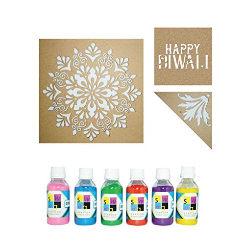 SWAGSTATION Mandala Happy Diwali Rangoli Making Tools Kit for Floor for Rangoli Diwali Decoration with 6 Rangoli Powder (Wood, 30x 30 cm, Set of 3 Rangoli Stencils Big Size & 6 Color) - Image 1