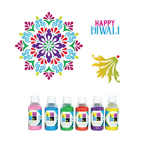 SWAGSTATION Mandala Happy Diwali Rangoli Making Tools Kit for Floor for Rangoli Diwali Decoration with 6 Rangoli Powder (Wood, 30x 30 cm, Set of 3 Rangoli Stencils Big Size & 6 Color) - Image 2